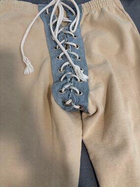 Beige Drawstring Lace-Up Pants with Denim Trim